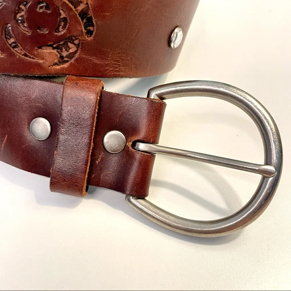 Vintage Buckle Genuine Leather 3D Roses & Jewels Brown M